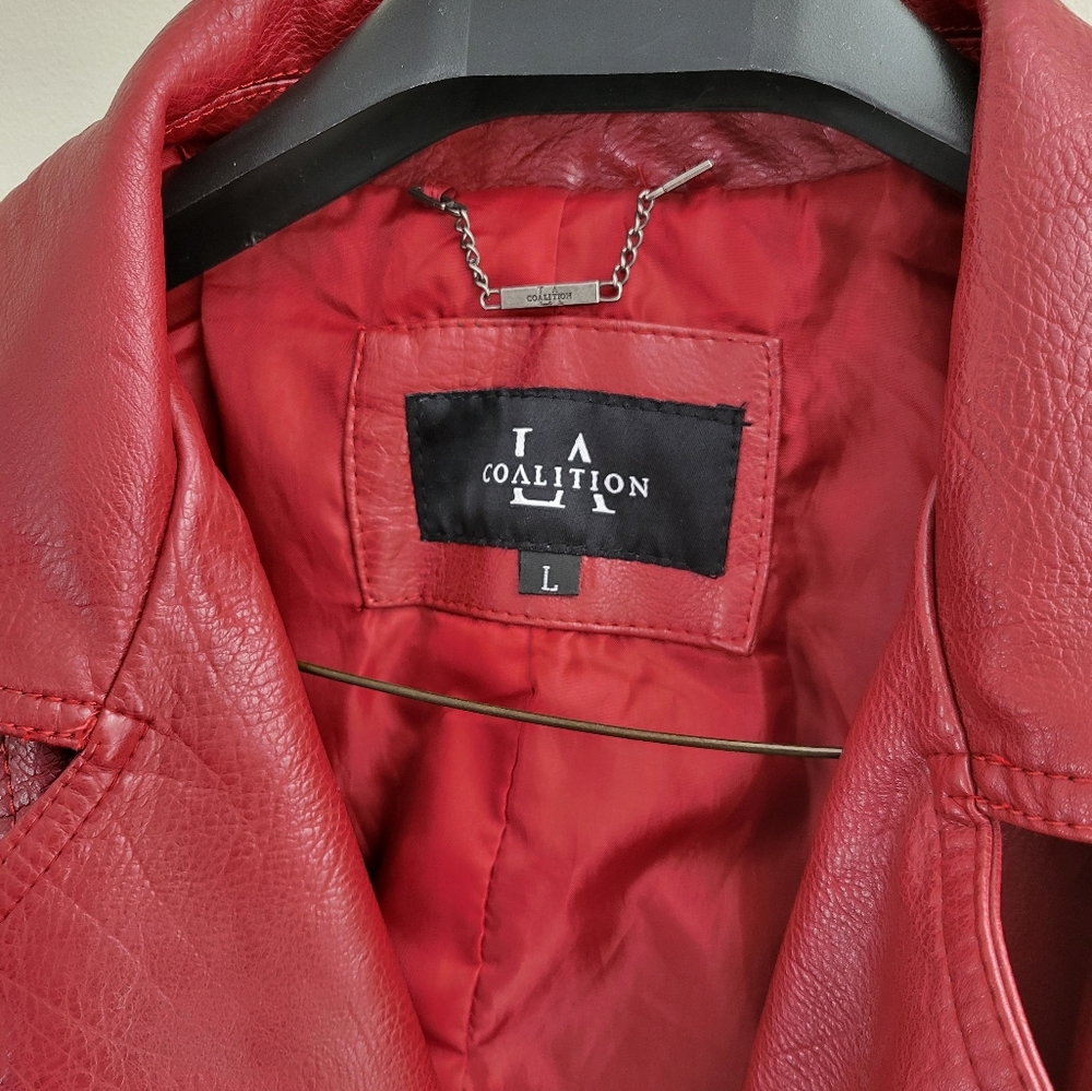 Vegan leather red moto jacket LA Coalition size L - Picture 2 of 5